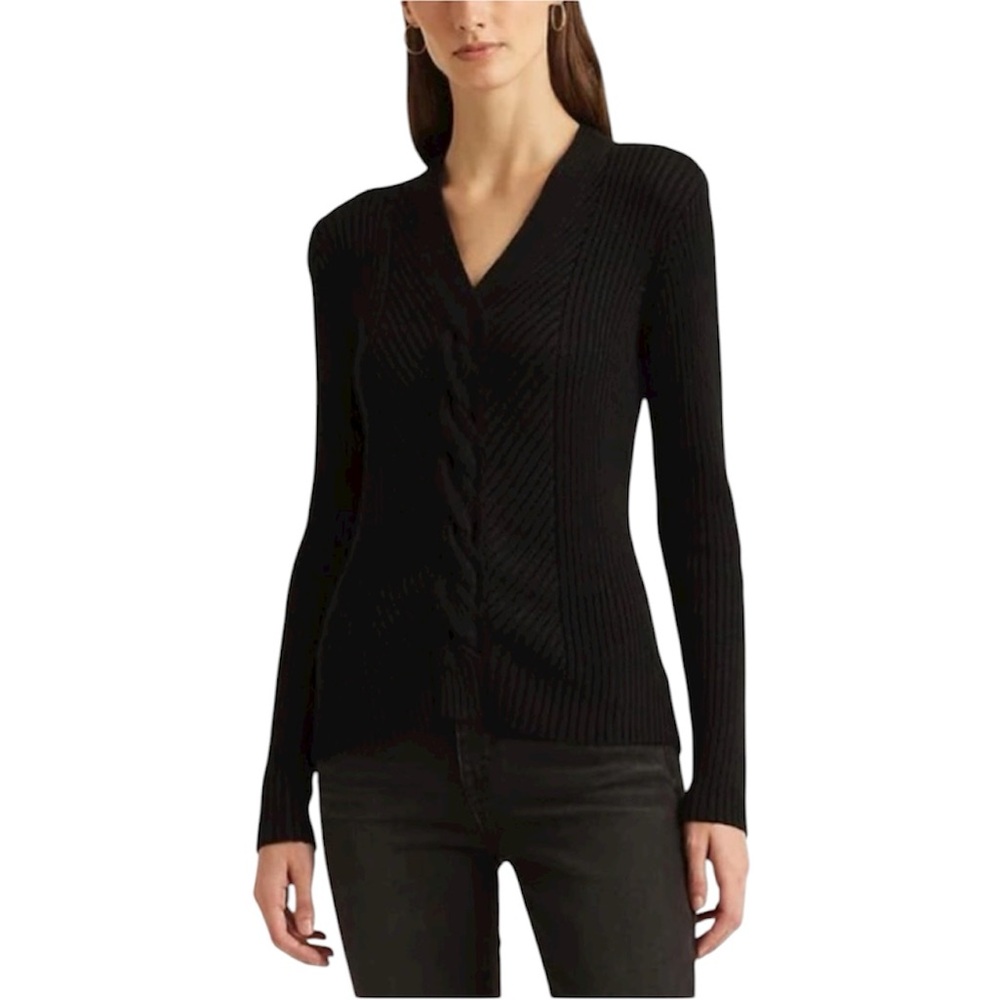 Lauren Ralph Lauren Black Label Fricklie V Neck Black Ribbed‎ Knit Sweater M
